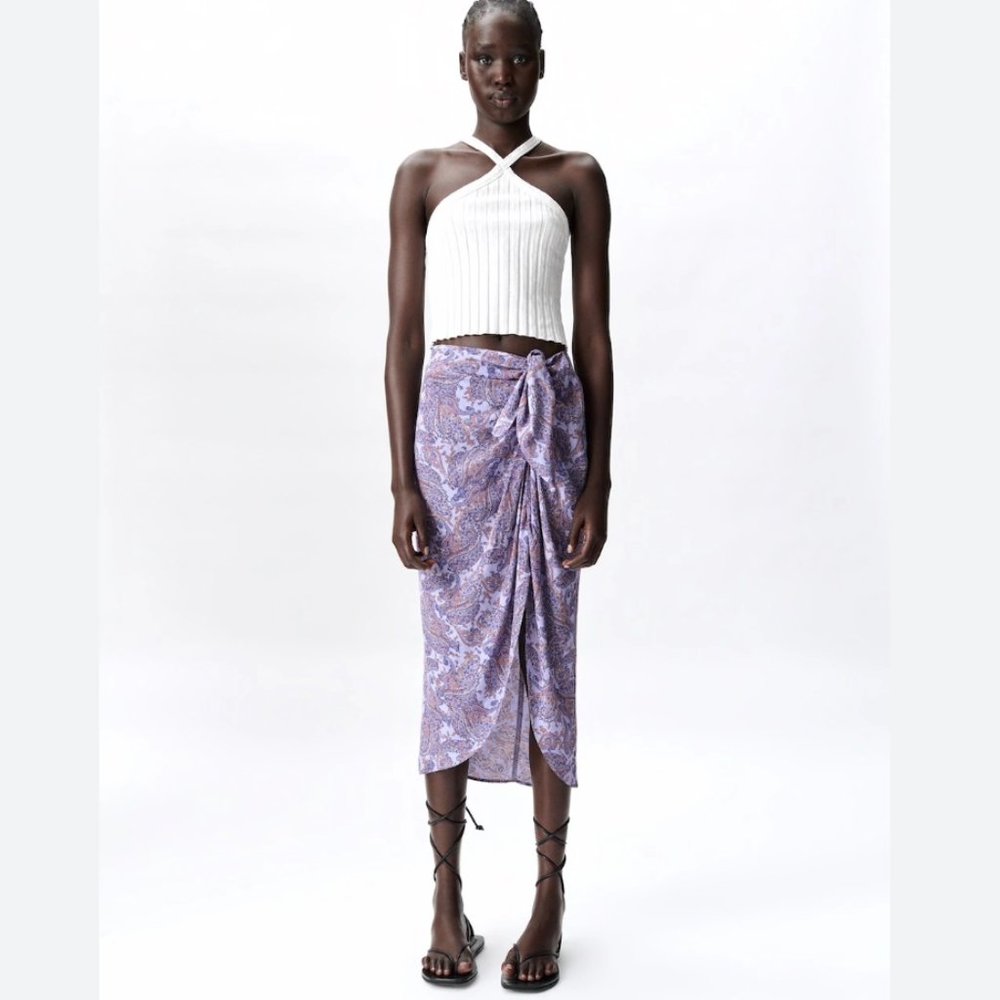 Zara Purple Viscose Paisley High-Waisted Pareo Midi‎ Skirt
